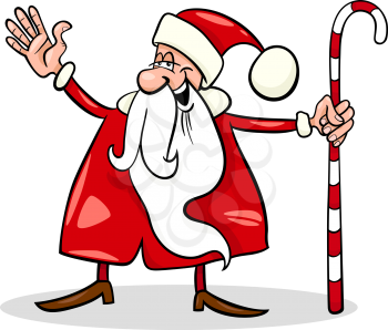 Cartoon Illustration of Funny Santa Claus or Papa Noel with Christmas Cane