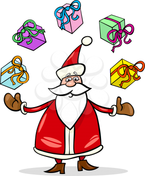 Cartoon Illustration of Funny Santa Claus or Papa Noel juggling Christmas Presents and Gifts
