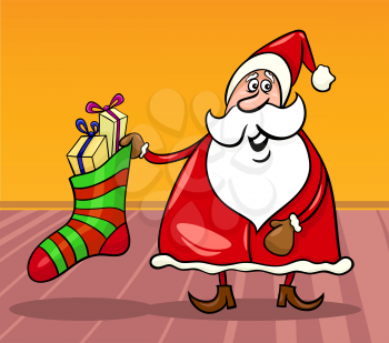 Cartoon Illustration of Funny Santa Claus or Papa Noel with Big Sock full of Christmas Presents or Gifts