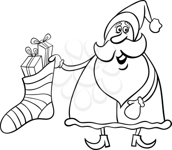 Cartoon Illustration of Funny Santa Claus or Papa Noel with Big Sock full of Christmas Presents and Gifts for Coloring Book or Page