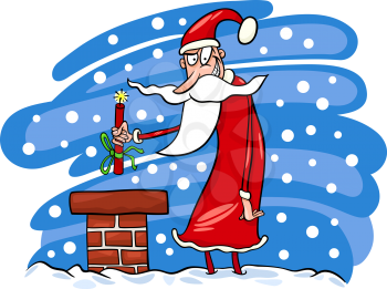 Cartoon Illustration of Malicious Funny Santa Claus or Papa Noel on the Roof with Stick of Dynamite as Christmas Present