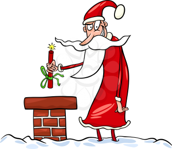 Cartoon Illustration of Malicious Funny Santa Claus or Papa Noel on the Roof with Stick of Dynamite as Christmas Present