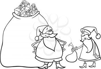 Cartoon Illustration of Funny Santa Claus or Papa Noel with Huge Sack Full of Christmas Presents and another Santa holding Very Small one for Coloring Book