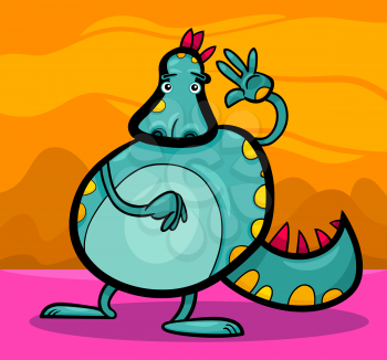Cartoon Illustration of Funny Colorful Fairytale Dragon Character Creature in Fantasy World
