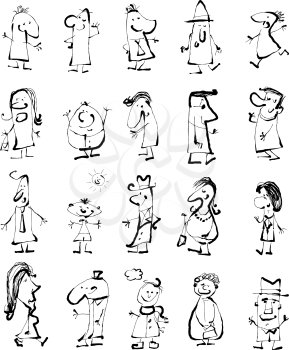 Cartoon Background Illustration of Happy Black and White Doodle People Sketch Set
