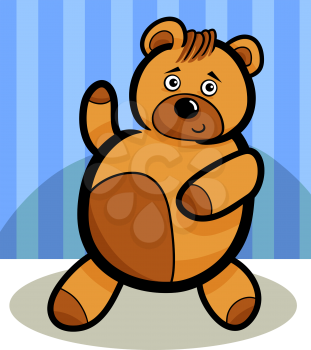 Illustration of Cute Teddy Bear Cartoon Character against Blue Striped Wallpaper