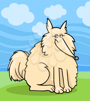 Cartoon Illustration of Funny Purebred Eskimo Dog or Spitz against Blue Sky and Green Grass