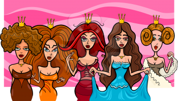Cartoon Illustration of Five Beautiful Princesses or Queens Fairytale Fantasy Characters