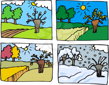 Cartoon Illustration of Rural Landscape in Four Seasons: Spring, Summer, Autumn or Fall and Winter