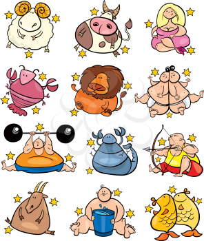 Illustration of overweight humorous cartoon zodiac horoscope signs set