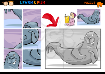 Cartoon Illustration of Education Puzzle Game for Preschool Children with Funny Seal Animal