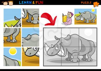Cartoon Illustration of Education Puzzle Game for Preschool Children with Funny Rhino or Rhinoceros Animal