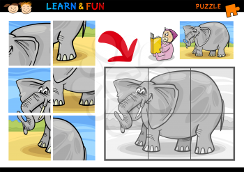 Cartoon Illustration of Education Puzzle Game for Preschool Children with Funny Elephant Animal