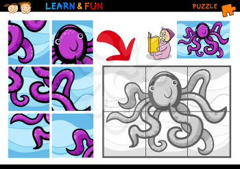 Cartoon Illustration of Education Puzzle Game for Preschool Children with Funny Octopus Animal