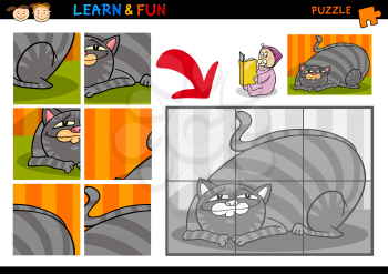 Cartoon Illustration of Education Puzzle Game for Preschool Children with Funny Cat Pet Animal