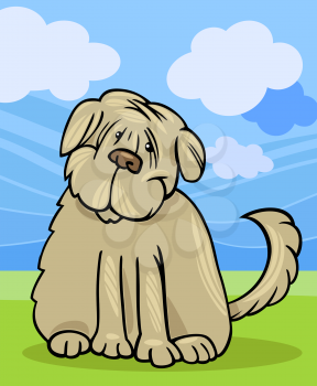 Cartoon Illustration of Funny Purebred Tibetan Terrier Dog or Labrador Doodle or Briard against Blue Sky and Green Grass