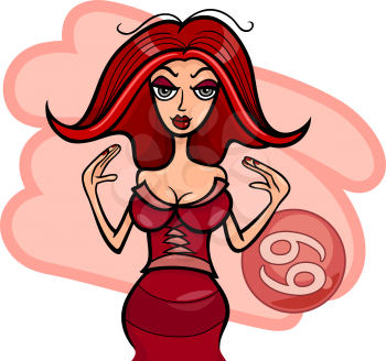 Illustration of Beautiful Woman Cartoon Character and Cancer Horoscope Zodiac Sign