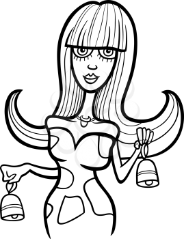 Illustration of Beautiful Woman Cartoon Character with Cow Bells or Taurus Horoscope Zodiac Sign for coloring