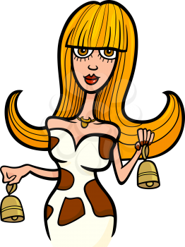 Illustration of Beautiful Woman Cartoon Character with Cow Bells or Taurus Horoscope Zodiac Sign