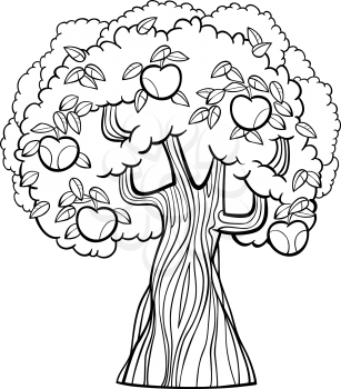 Black and White Cartoon Illustration of Apple Tree with Apples for Coloring Book