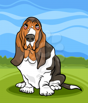 Cartoon Illustration of Cute Basset Hound Purebred Dog and Country Landscape