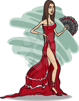 Cartoon Illustration of Beautiful Sexy Woman in Red Dress or Gown or Spanish Dancer