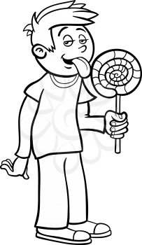 Black and White Cartoon Illustration of Cute Boy with Big Lollipop for Coloring Book