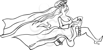 Black and White Cartoon Illustration of Running Bride Woman in White Dress