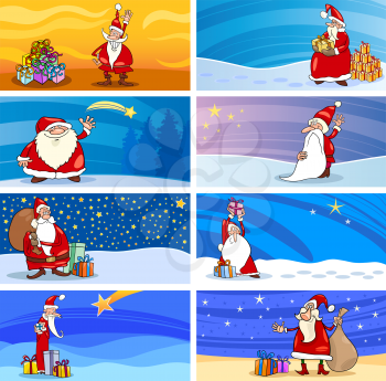 Cartoon Illustration of Greeting Cards with Santa Claus or Papa Noel or Father Christmas and other Holiday Themes Set