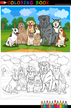 Cartoon Illustration of Funny Purebred Dogs like Bull Terrier, Colie, Bulldog, Maltese, Beagle, Spaniel and Husky for Coloring Book or Coloring Page