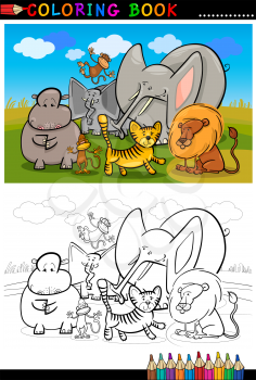 Cartoon Illustration of Funny African Wild Animals like Elephant, Hippo, Lion and Monkey for Coloring Book or Coloring Page
