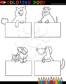 Coloring Book or Coloring Page Black and White Cartoon Illustration of Funny Purebred or Mongrel Dogs with Boards or Cards