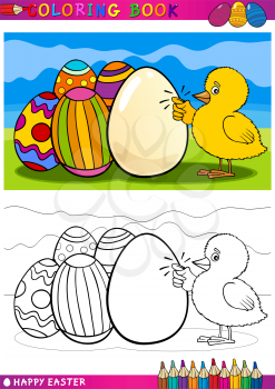 Coloring Book or Page Cartoon Illustration of Easter Little Chick or Chicken knocking on egg and Painted Eggs