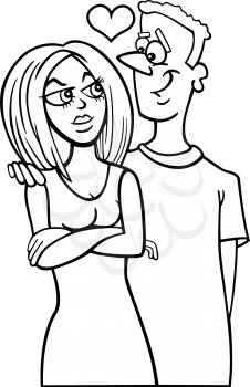 Black and White Cartoon Illustration of Man and Woman Couple in Love