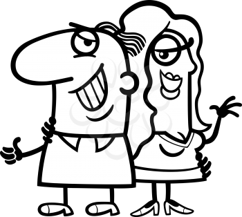 Black and White Cartoon Illustration of Happy Man and Woman Couple in Love for Coloring Book