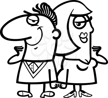 Black and White Cartoon Illustration of Cheerful Man and Woman Couple in Love for Coloring Book