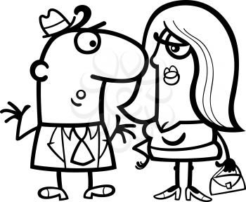 Black and White Cartoon Illustration of Funny Man and Woman Couple Talking for Coloring Book