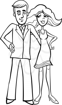 Black and White Cartoon Illustration of Pretty Woman and Handsome Man Cute Couple for Coloring