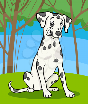 Cartoon Illustration of Cute Dalmatian Purebred Dog and Rural Scene