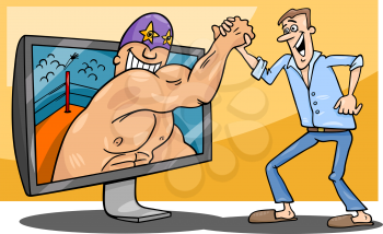 Cartoon Illustration of Funny Man with Wrestler for tv or Watching Interactive Digital Television or Playing Video Game