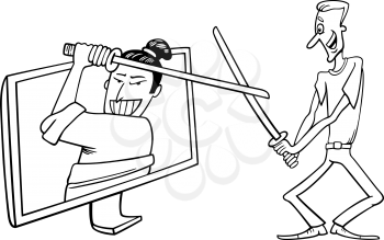 Black and White Cartoon Illustration of Funny Man Fighting with Samurai or Watching Interactive Digital Television or Playing Video Game