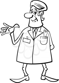 Black and White Cartoon Illustration of Male Medical Doctor in White Coat with Stethoscope