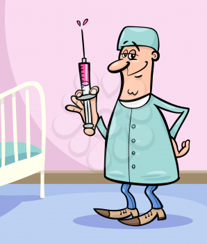 Cartoon Illustration of Male Medical Doctor or Surgeon with Syringe in Hospital