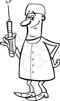 Black and White Cartoon Illustration of Male Medical Doctor or Surgeon with Syringe