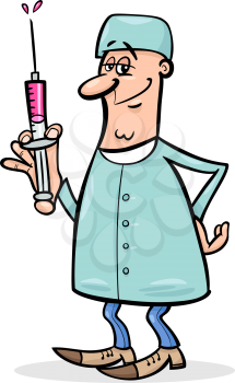 Cartoon Illustration of Male Medical Doctor or Surgeon with Syringe