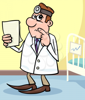 Cartoon Illustration of Male Medical Doctor in Hospital Room with Writing Board near the Patient Bed
