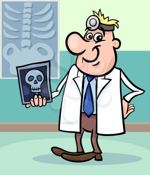 Cartoon Illustration of Male Medical Doctor in Hospital with X-ray Picture of Human Skull