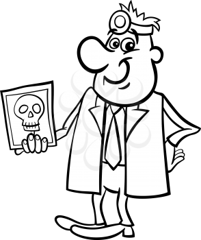 Black and White Cartoon Illustration of Male Medical Doctor with X-ray Picture of Human Skull