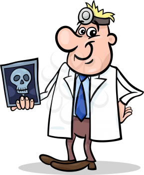 Cartoon Illustration of Male Medical Doctor in White Coat with X-ray Picture of Human Skull