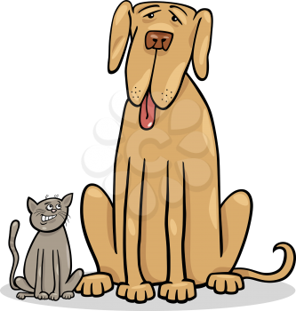 Cartoon Illustration of Cute Small Cat and Funny Big Dog or Great Dane in Friendship